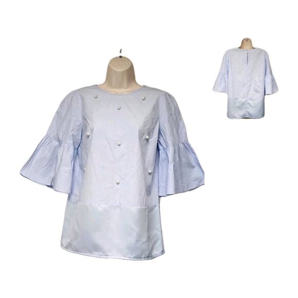 Zara Pearl Basic Blue 3/4 Bell Sleeve Round Neck Blouse Medium - Picture 1 of 7